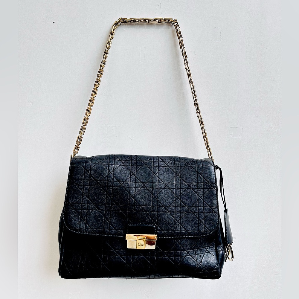 Dior Black Large Leather Shoulder Bag Gold Hardware